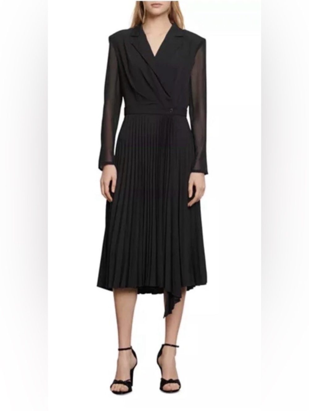 Sandro Paris Black Pleated Midi Dress | Dual Material | US 2 | Elegant - Picture 3 of 16